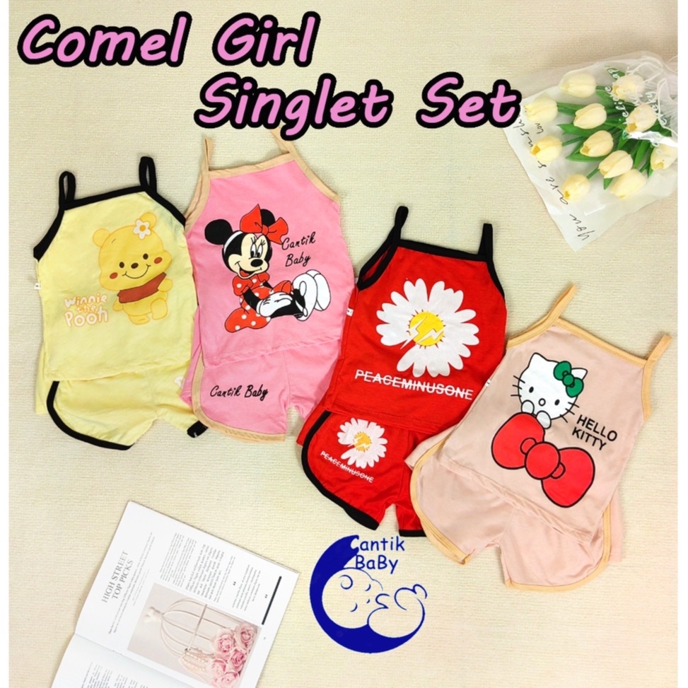 CantikBaby 6 months - 4 Years Old Baby Girls Singlet+Pants Set, Fashion Summer Sleeveless Set Wear Baju Budak Perempuan