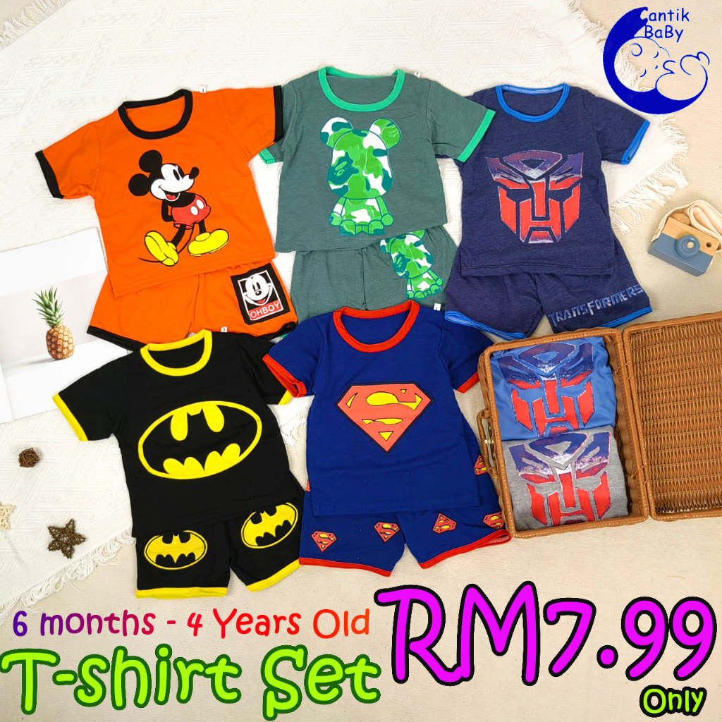 CantikBaby M'sia Seller Kids T-Shirt Set Short Sleeve+Short Pants Baju Budak Kanak Playset Boys Girls Clothing