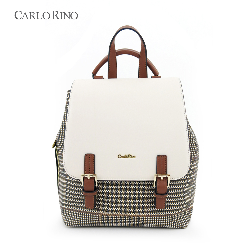 Carlo Rino Oxford Houndstooth Print Backpack - Beige