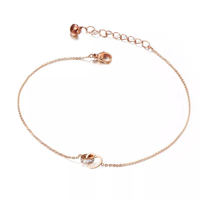 CELOVIS Jiwinci Love Heart with Cubic Zirconia Ring Interlocking Pendant Chain Anklet in Rose Gold