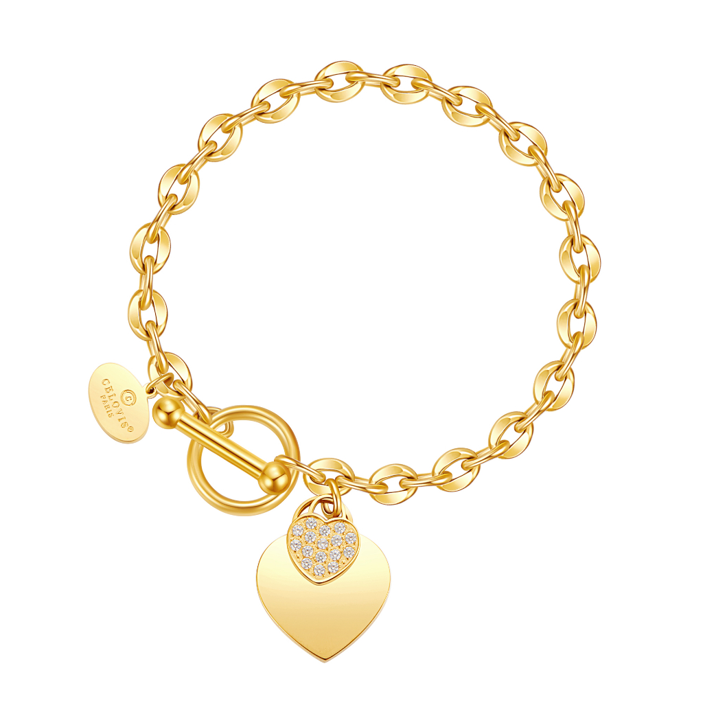 CELOVIS La Devotion CZ Heart Tag Pendant Toggle Clasp Bracelet in Gold [Free Gift]