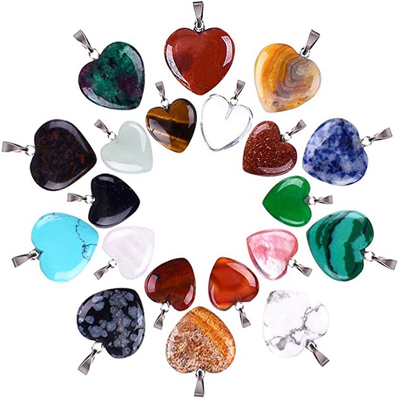 Charming Assorted Heart Shaped Quartz Stone Pendant Healing Crystal Chakra Beads Charm for DIY Jewelry Making