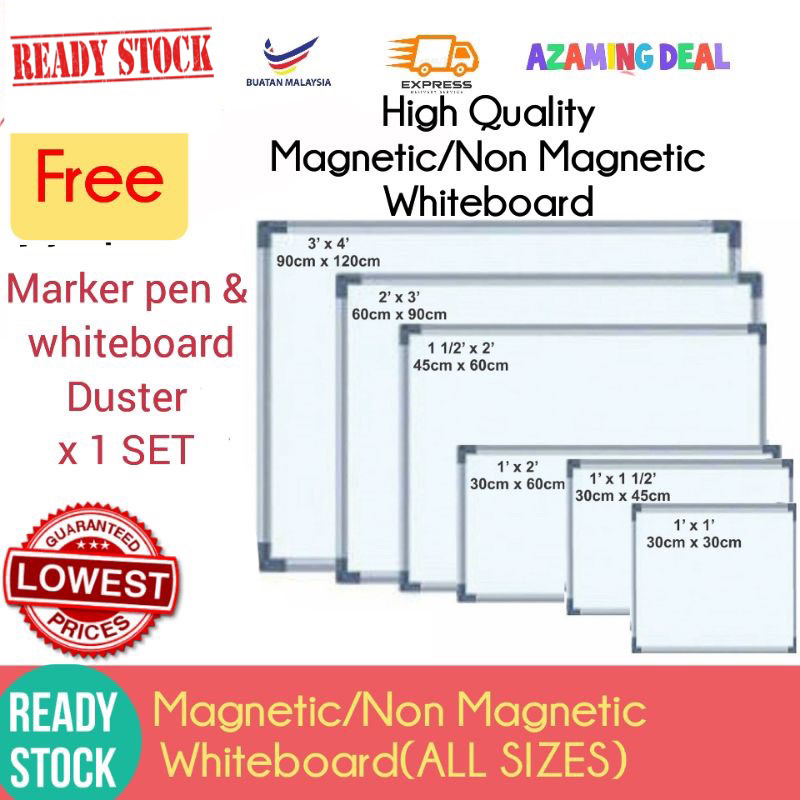 Cheapest Whiteboard Magnetic/NON Magnetic/Whiteboard Aluminium Frame Solid Board 1’x1’/1.5’x2’/1’x1.5’/1x2 (READYSTOCK)