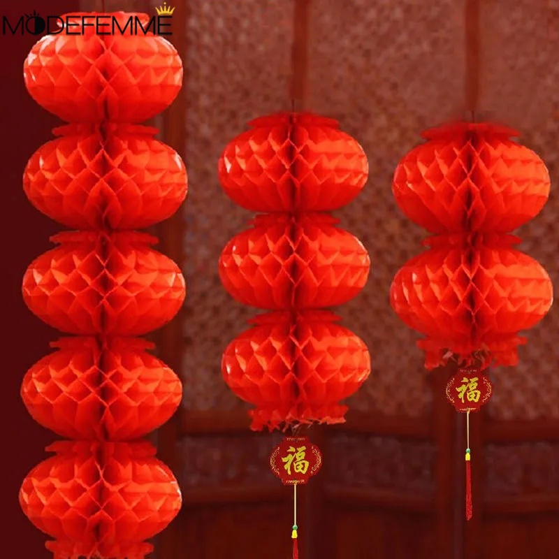 Chinese Honeycomb Handicraft Home Decor / Spring Festival String Lanterns / Traditional Chinese Red Lantern / Continuous Plastic Paper Lanter / Reusable Spring Festival Pendant /