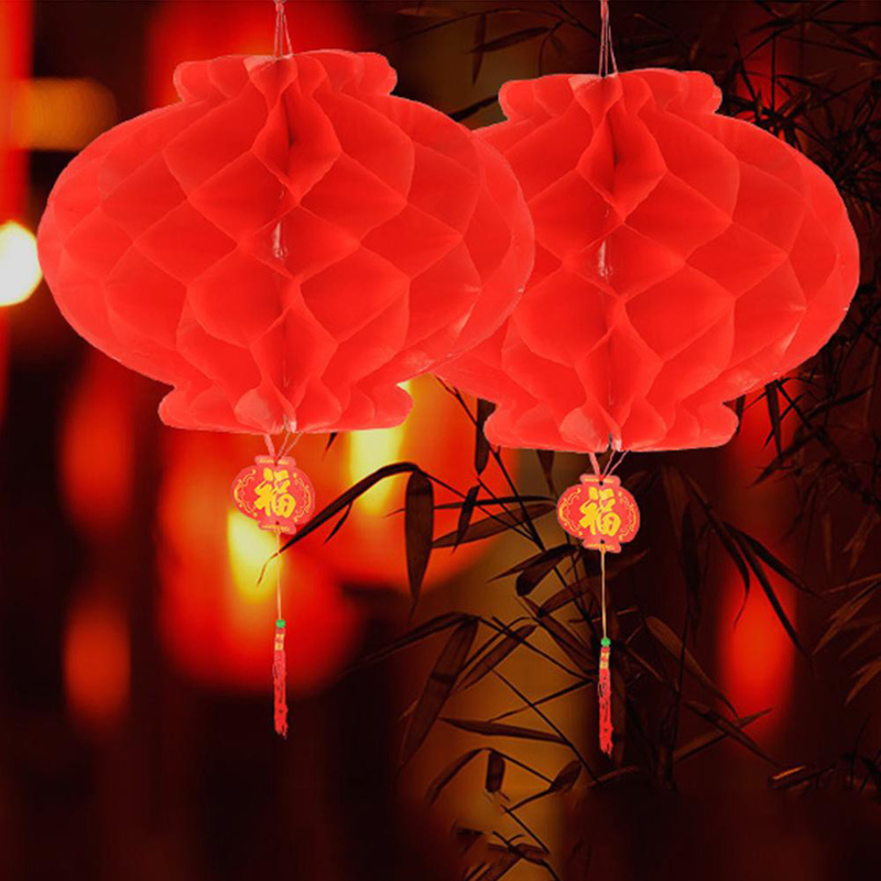 Chinese New Year Waterproof Paper Lantern Decoration/ Foldable Spring Festival Little Red Lantern/ Wedding Festive Honeycomb Lantern Ornaments