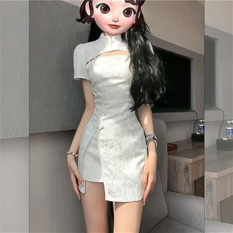 Chinese Style High-Neck Cheongsam Hollow Sexy Women Sweet Hot Girl Hip Wrap Slim Fit Short-Sleeve White Dress Vintage Casual