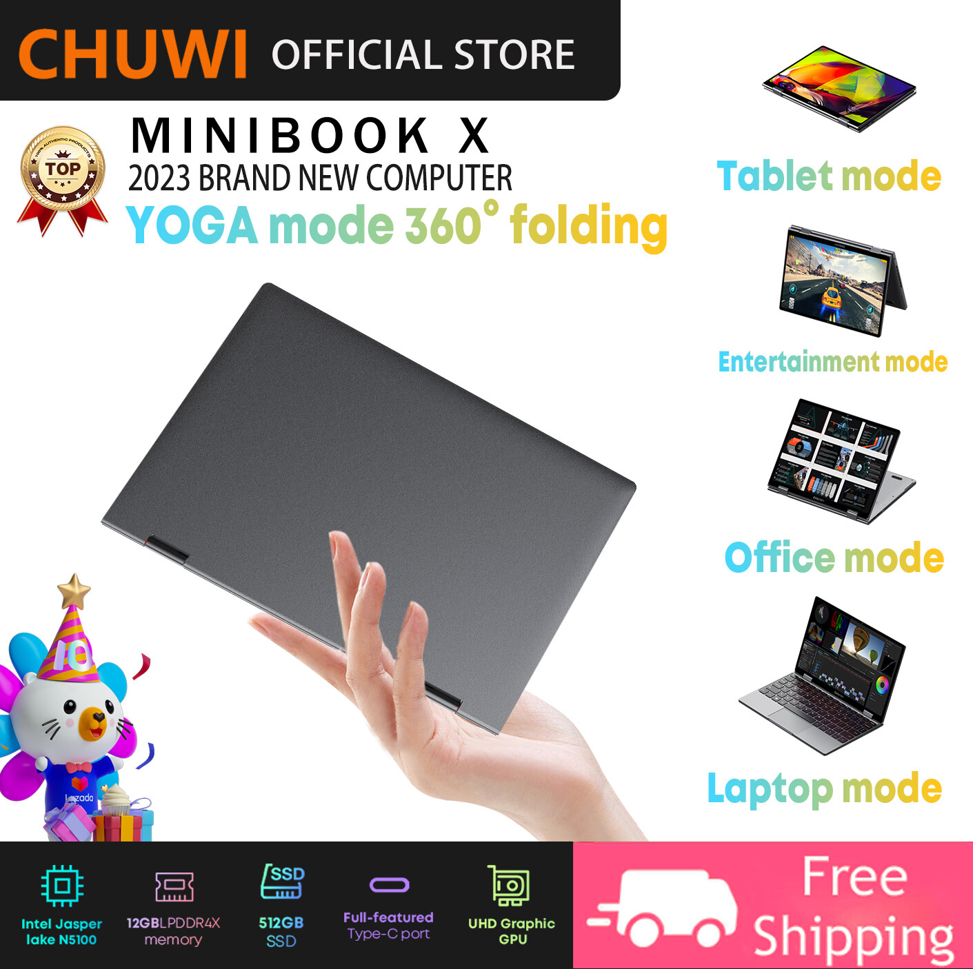 CHUWI MiniBook X laptop 10.51'' 2023 Latest [1 Year Warranty] 12G+512G /10nm chip /mini Laptop /360 Rotating 2K Screen/ Low Power/ 10 Point Touch Laptop/Metal body/ super small portable/ office notebook/ portable