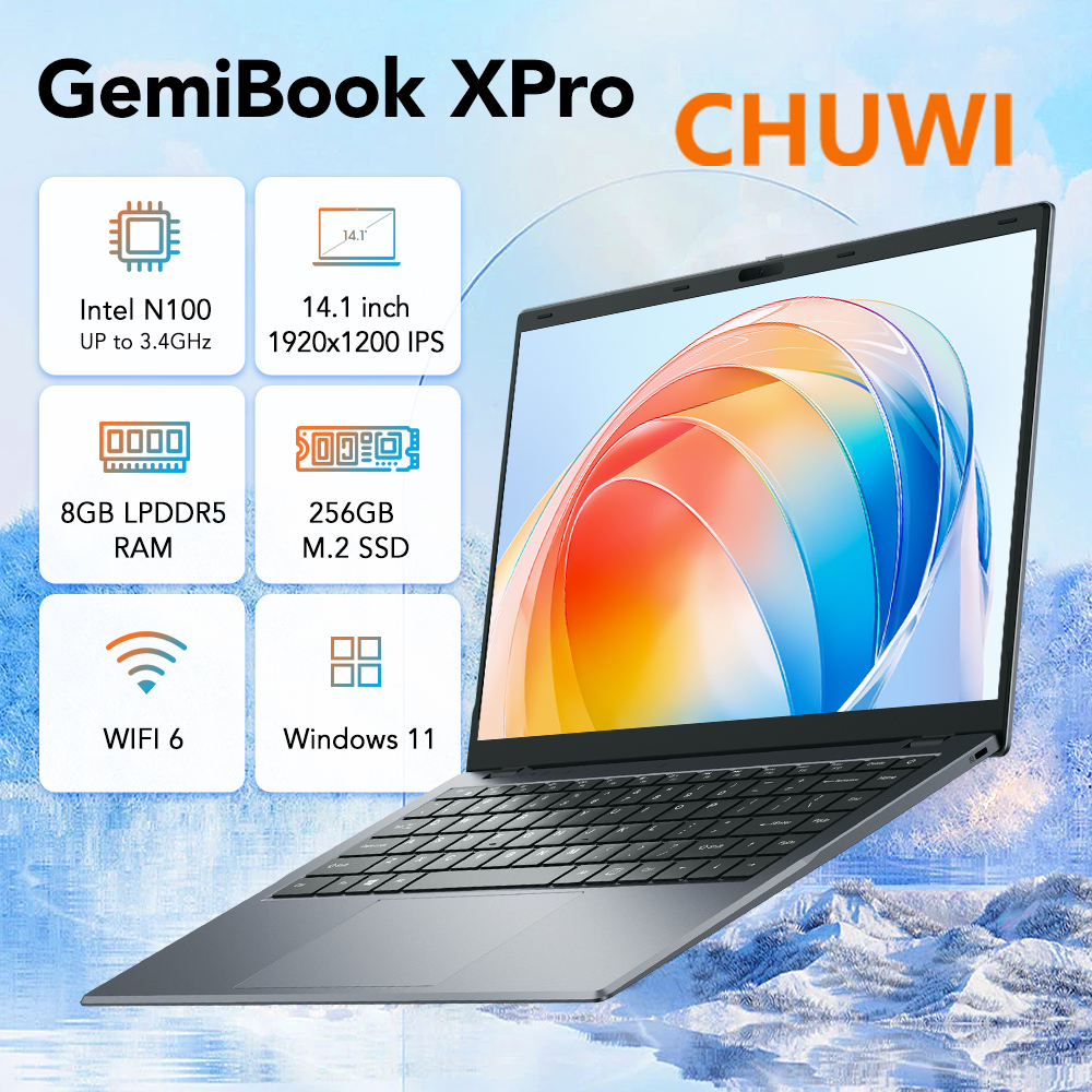 CHUWI new upgraded GemiBook XPro laptop Intel Alder Lak-N N100 processor, quad core, 10nm, 14.1 inch, 8G+256G, cost-effective, 4K decoding, oversized touchpad, stylish, Business office student notebook, dual microphone, full size keyboard