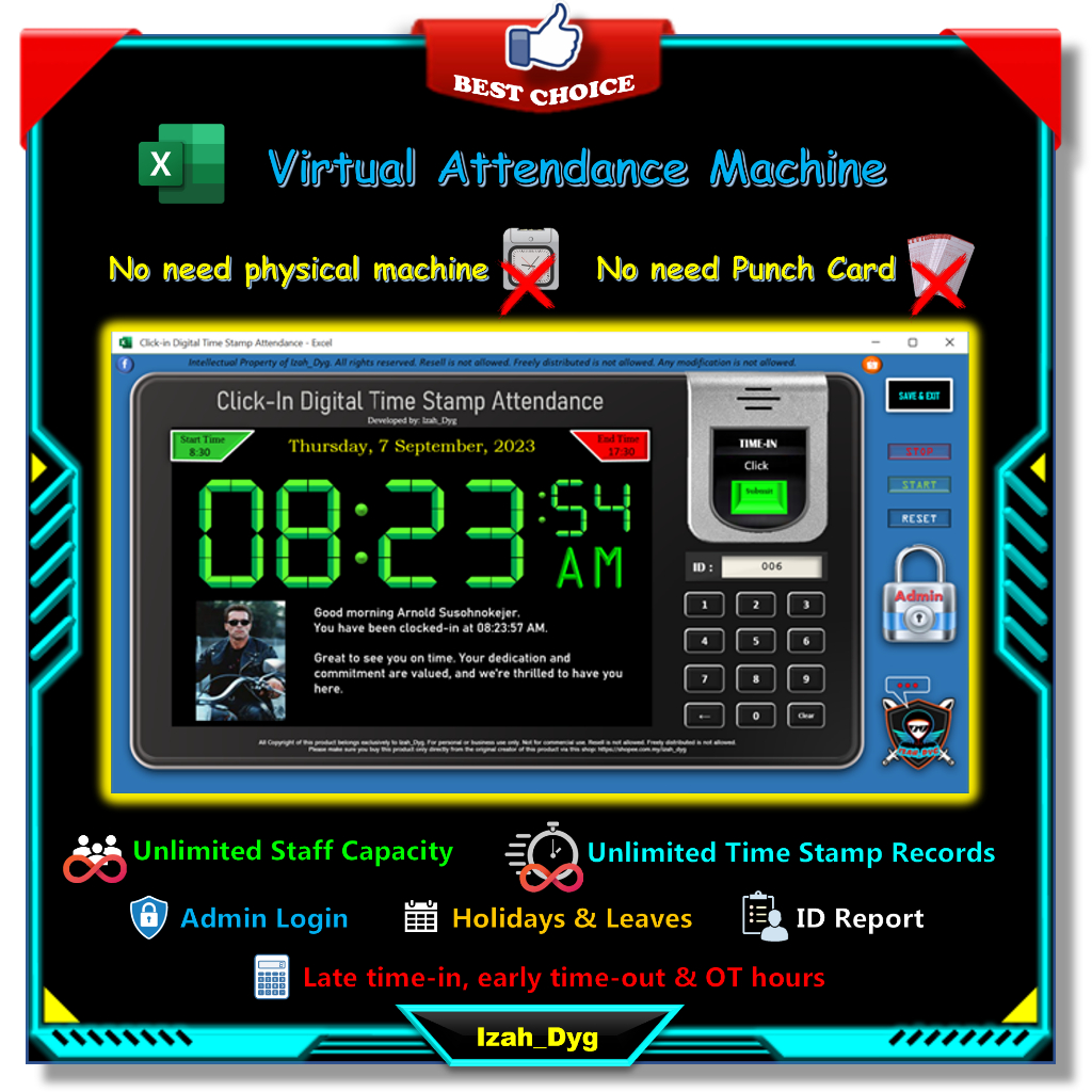 Click-in Digital Time Stamp Attendance Virtual Time Attendance Machine Digital Attendance Tracker in Microsoft Excel