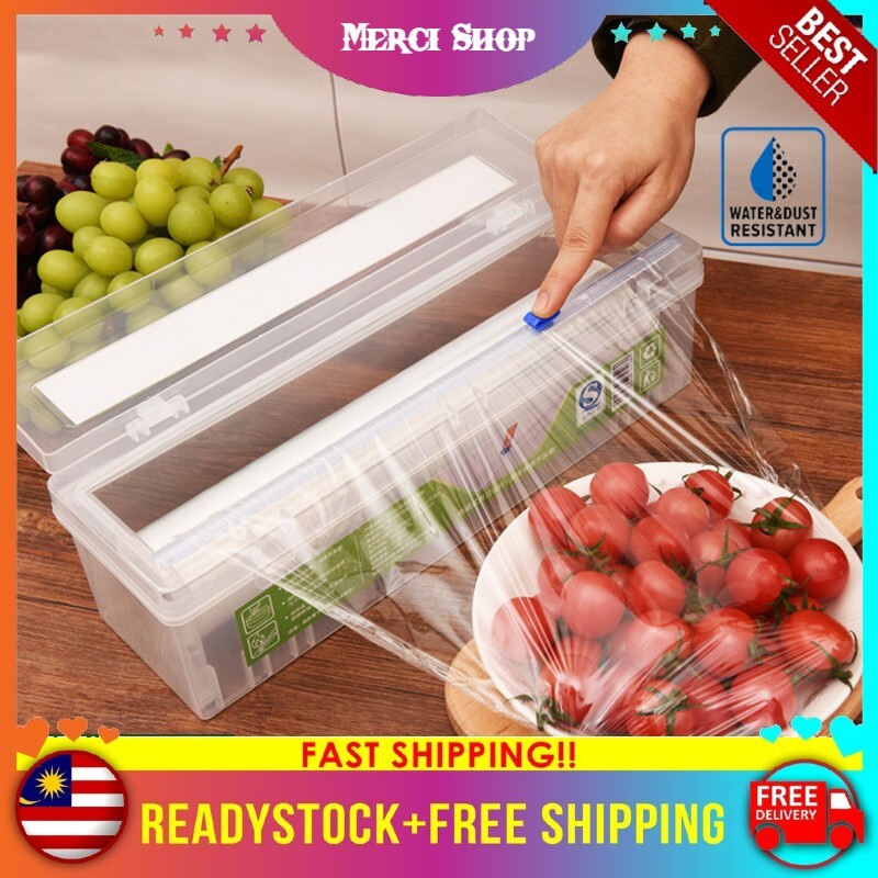 Cling Film Cutter Box Plastic Food Wrap Dispenser with Slide Cutter Foil Storage Box with Cutter Kotak Pemotong PVC