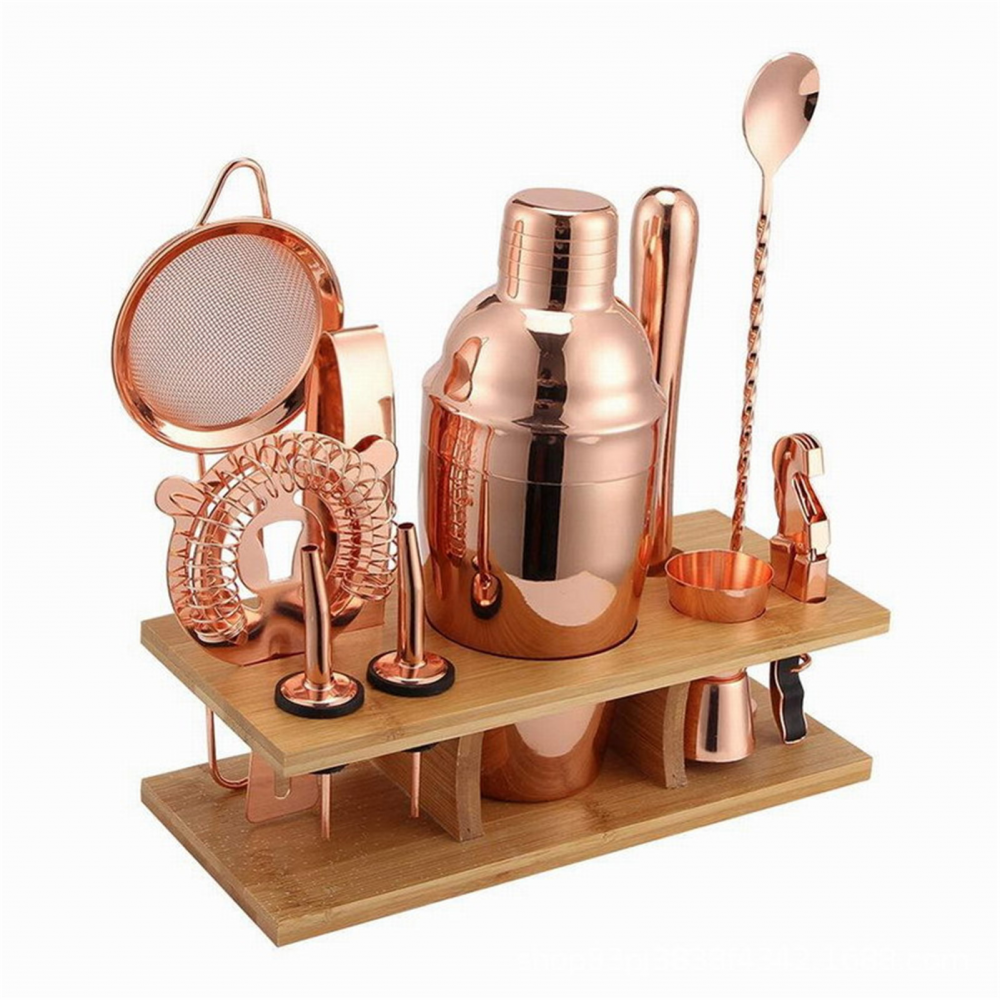 Cocktail Shaker Set with Bamboo Stand Stainless Steel Mixology Bartender Kit with Bar Tools for the home & professional Great Martini/Margarita mixer in Unique Brushed Copper