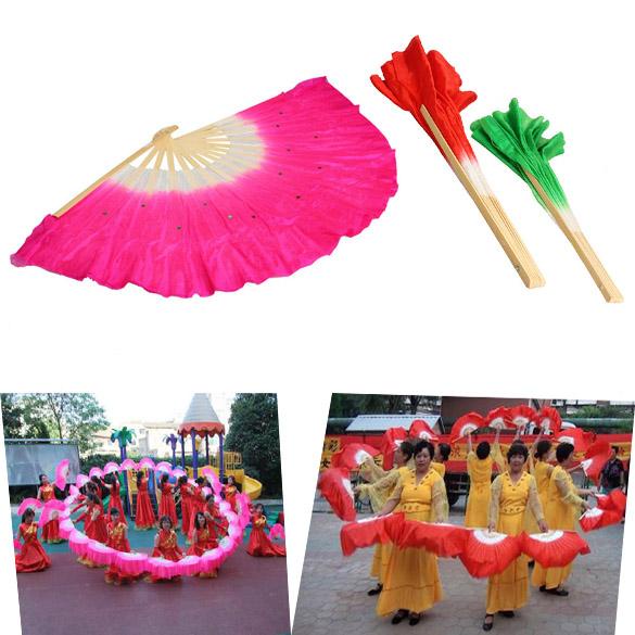 Colorful Silk Veil Folk Art Chinese Belly Dance Dancing Bamboo Short Fan YFSN