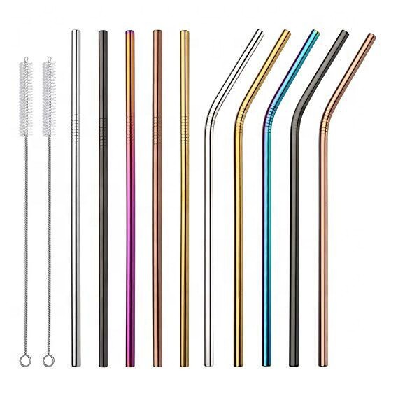 Colourful 304 Stainless Steel Metal Drinking Straw Bubble Tea Straws Straight Bent Reusable Washable