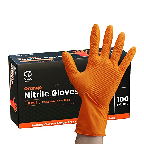 Comfy Package [100 Count] 8 Mil Disposable Orange Nitrile Heavy-Duty Gloves, Industrial, Diamond Texture - Large