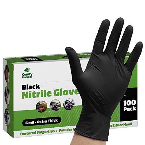 Comfy Package, Black Nitrile Disposable Gloves 6 Mil. Extra Strength Latex & Powder Free, Chemical Resistance, Textured Fingertips Gloves - Small [100 Count]