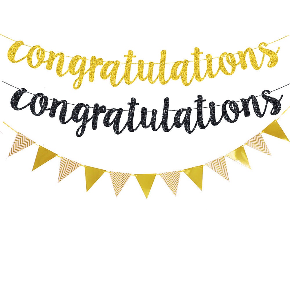 Congratulations Golden Black Glitter Pull Flag Graduation Party Banner Party Pull Flower Decoration