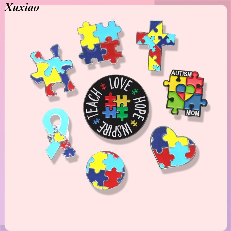 Creative Autism Colorful Puzzle Enamel Brooch Care Autism Awareness Love Ribbon Cross Backpack Badge