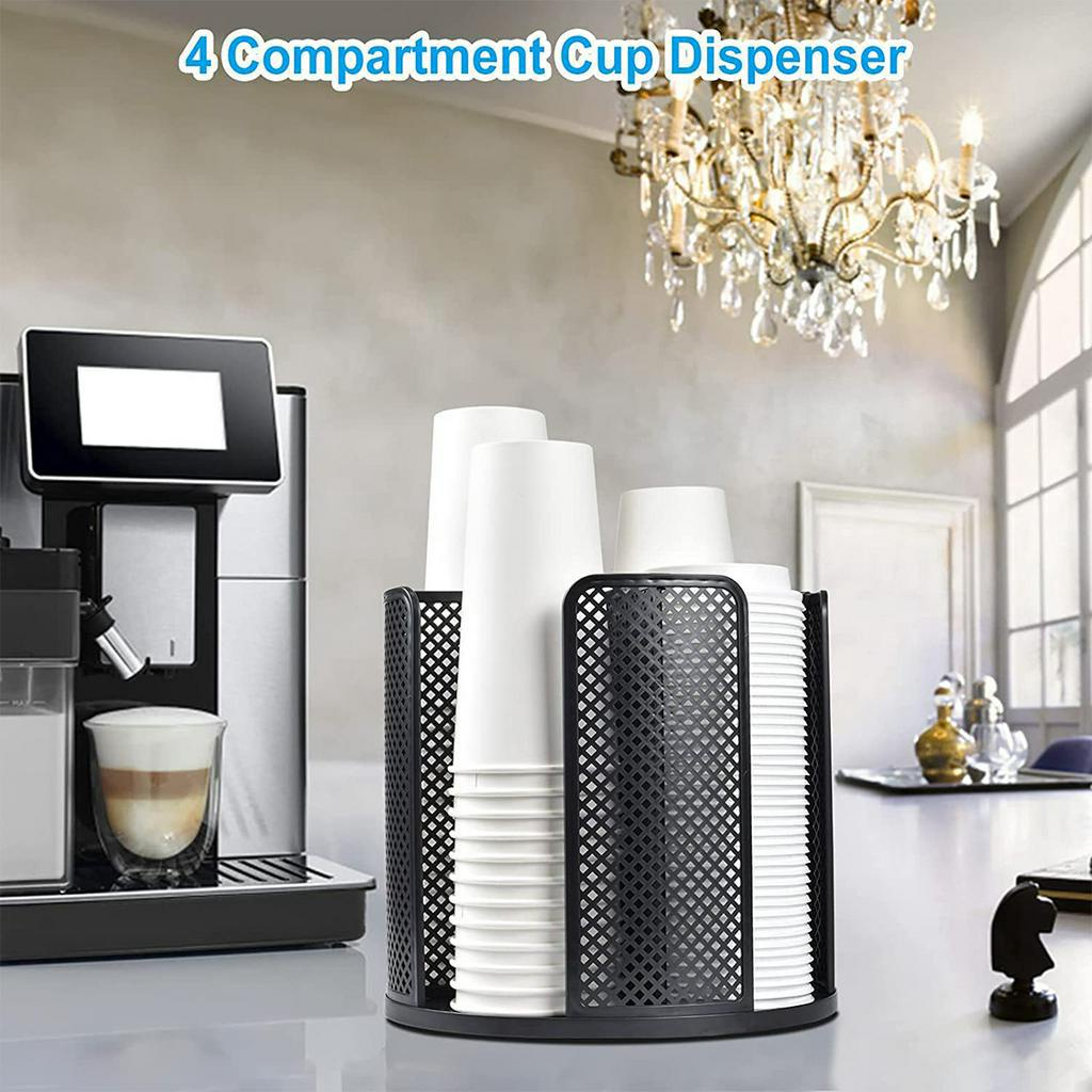 Cup Dispenser 360° Rotatable 4 Compartment Cups and Lids Holder Detachable Desktop Coffee Cup Dispenser