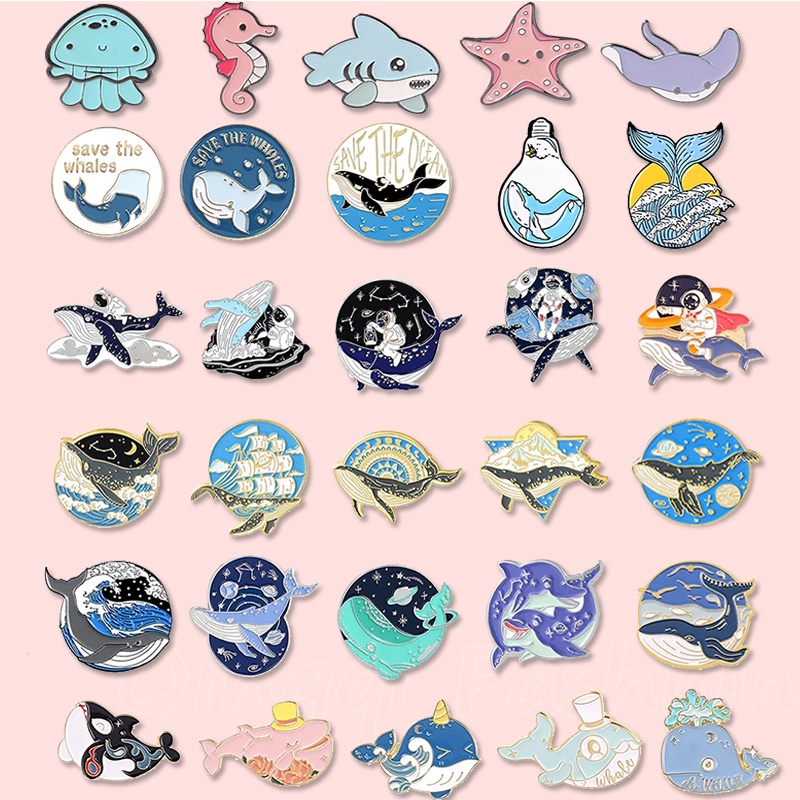 Cute Sea Animal Enamel Pin Cartoon Ocean Whale Shark Brooch Badges Lapel Pin Whale Protection Badge Jewelry Gift for Friends