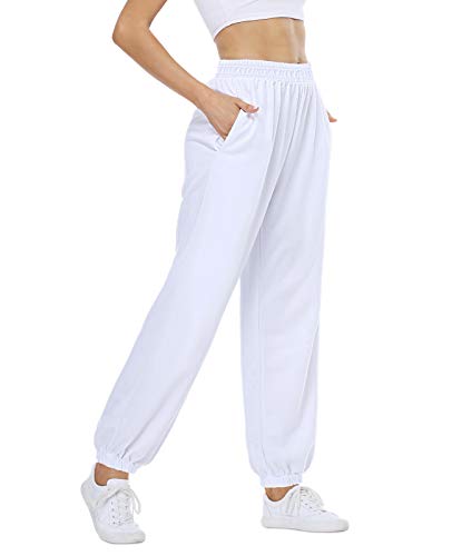 CYiNu Womens Fall Cinch Bottom Trousers High Waisted Sweatpants Workout Athletic Lounge Joggers Pants with Pockets (White, S)