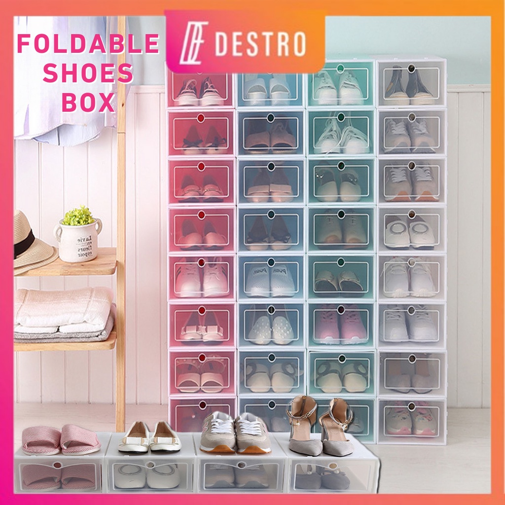 Destro Shoe Box Storage Stackable Box Kotak Kasut Foldable Front Drop Colorful Shoe Rack Pp Plastic Shoes Box折叠鞋盒