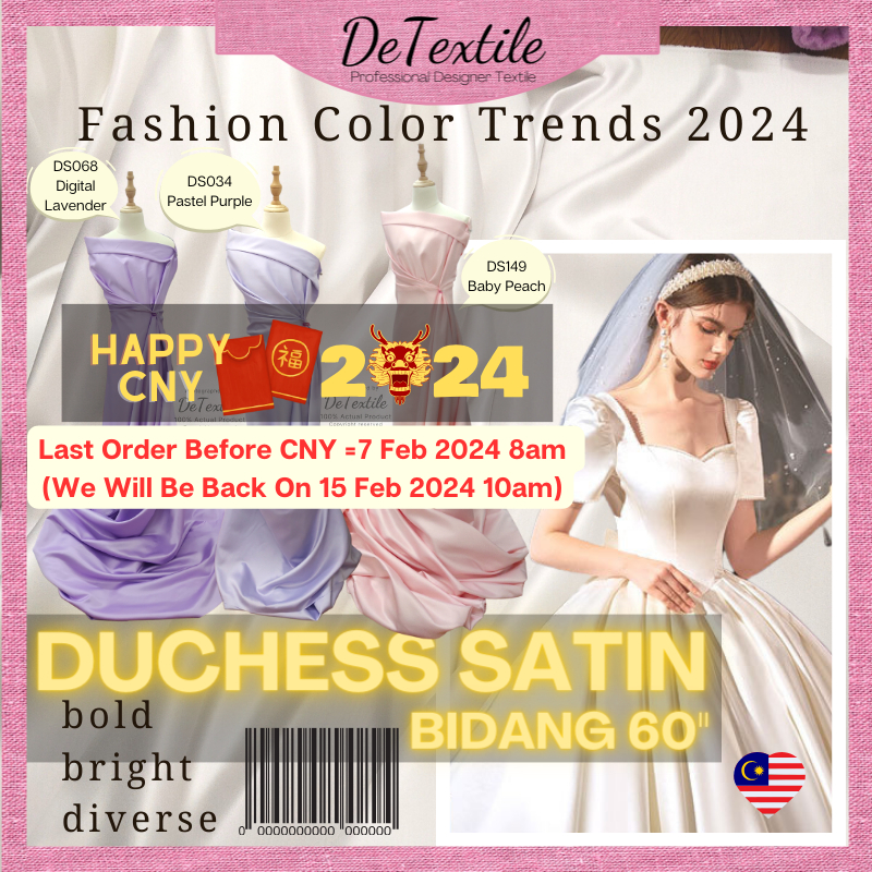 DeTextile Heavy Premium Duchess Satin Bridal Satin Fabric for Wedding Gown Kain Baju Nikah Bidang 60" Kain Dutches Murah