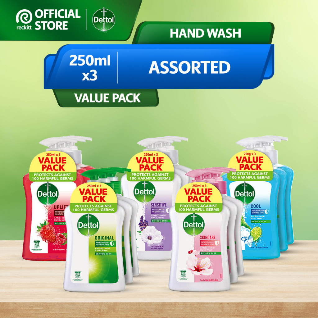 Dettol Antibacterial Hand Wash 250ml x3 Value Pack (Original/Skincare/Sensitive/Cool/Uplift)