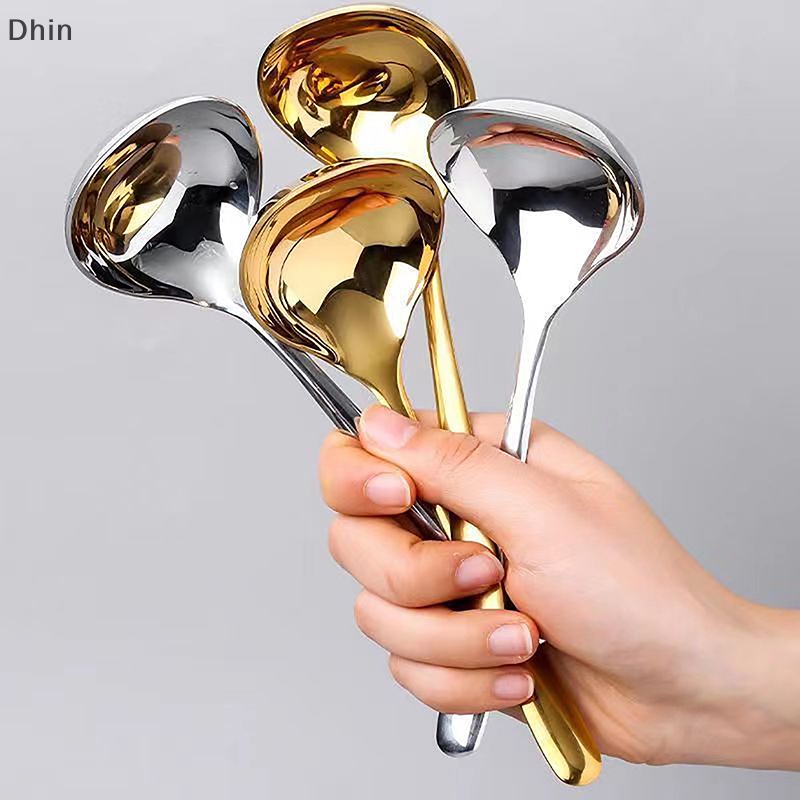 [Dhin] Stainless Steel Big Head Round Spoon Net Red Golden Dinner Long Handle Stirring Dessert Spoons For Kitchen Accessories Gadgets COD