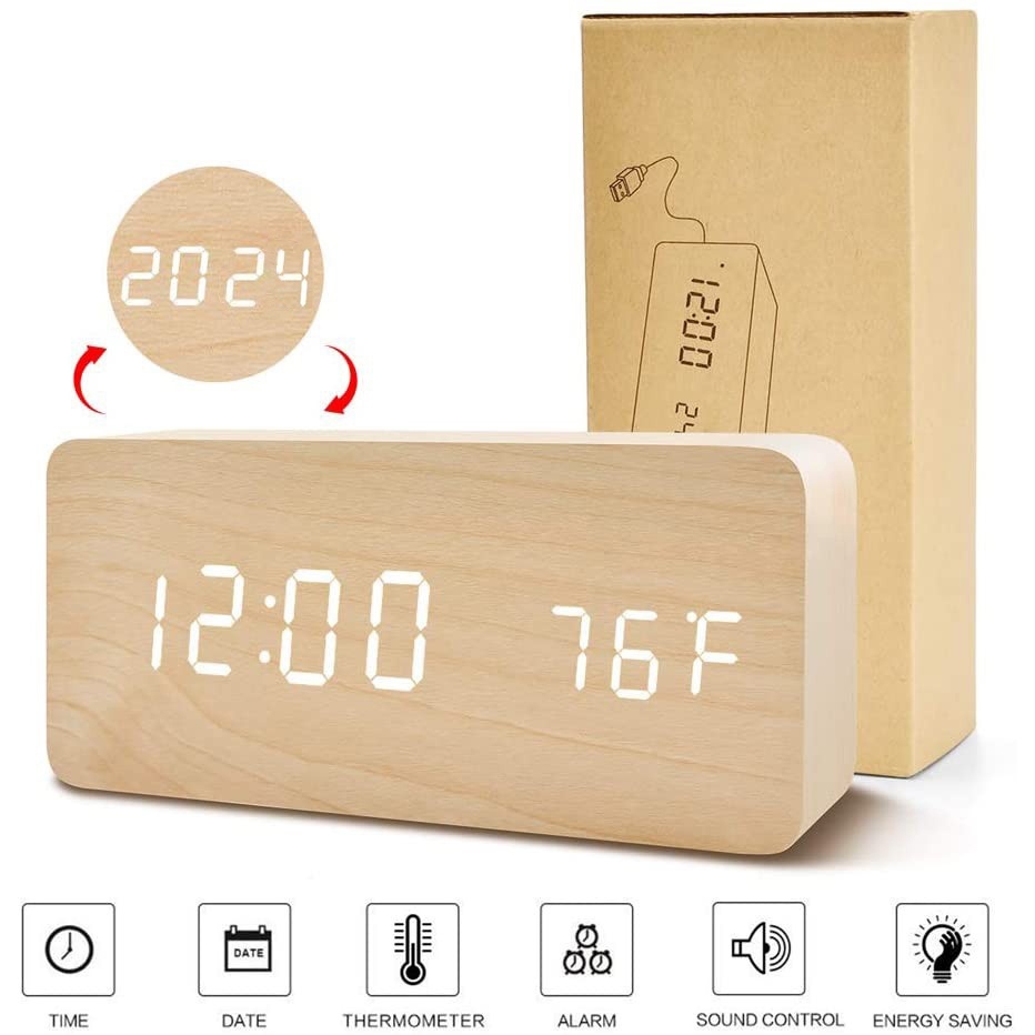 Digital Wooden Smart Voice Control Alarm Clock USB Plug-in Bedside Clock Room Decor with Calendar Thermometer jam loceng jam meja 時鐘声控智能鬧鐘