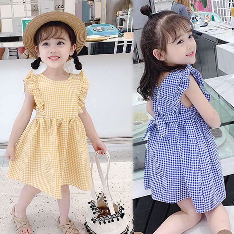 [Do Re Mi] Korean Version Of Girls Fashion Small Fly Sleeve Plaid Dress Summer New Foreign Style Small Fresh Cute Dress Girls Plaid Dress Girls Dress Girls Dress Girls Dress Dress Girls Dress