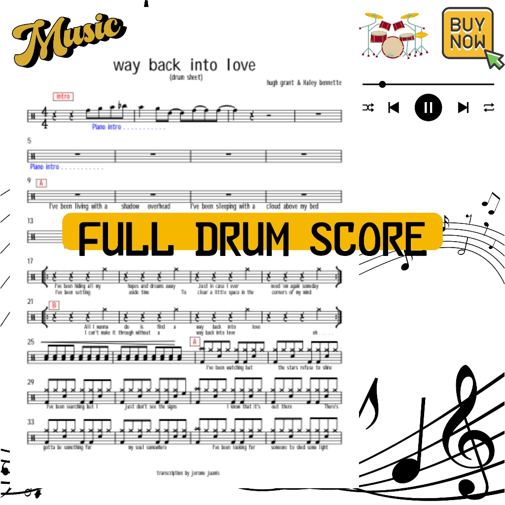 Drum Sheet: Way Back Into Love By Hugh Grant & Haley Bennette FULL DRUM SHEET