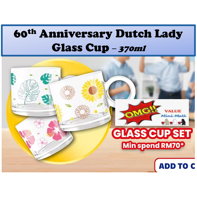 [Dutch Lady] 60th Anniversary Glass Cup / Mug - 370ml Transparent Glass Coffee Breakfast Drink Bekas Cawan Kaca Trendy