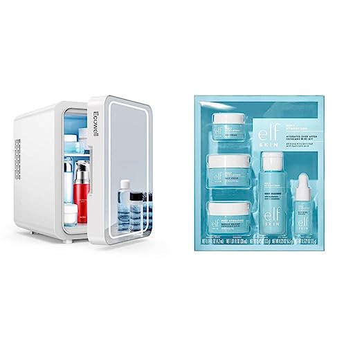 Ecowell WRE110 Mini Bedroom, 4L/6 Can Skincare Fridge with LED Mirror, AC/DC 12V Small Refrigerator & e.l.f.SKIN Hydrated Ever After Skincare Mini Kit, Cleanser, Makeup Remover