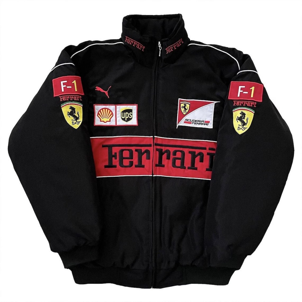 F1 Racing Jacket Long Sleeve Retro Motorcycle Jacket Motorcycle Suit Ferrari Team Autumn and Winter Clothes Cotton Jacket Embroidery Black