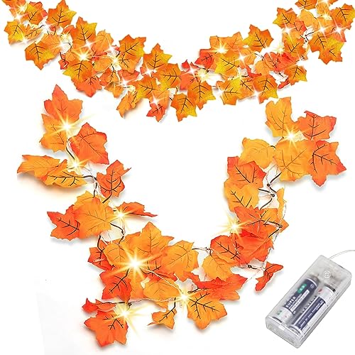 Fall Decor [2 Pack] Lighted Fall Garland, Total 16.4ft 40 LED Thanksgiving Decor Halloween String Lights, Friendsgiving Gift Thanksgiving Decorations for Home Holiday Autumn Garland Indoor