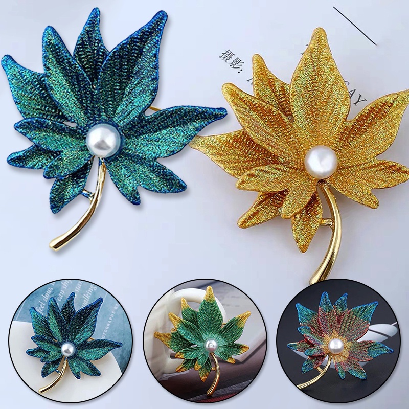 Fashion Luxury Colorful Crystal Maple Leaf Brooches With Fake Pearl Women Badges Lapel Pin Coat Suit Clothes Decor Jewelry Accessories Gifts