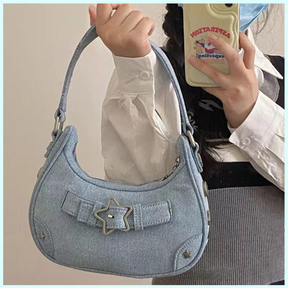 Fashion Women's Underarm Bag Cool Girls Star Shoulder Bag Soft PU Leather Retro Motorcyclist Y2K Female Satchel Zipper Handbag