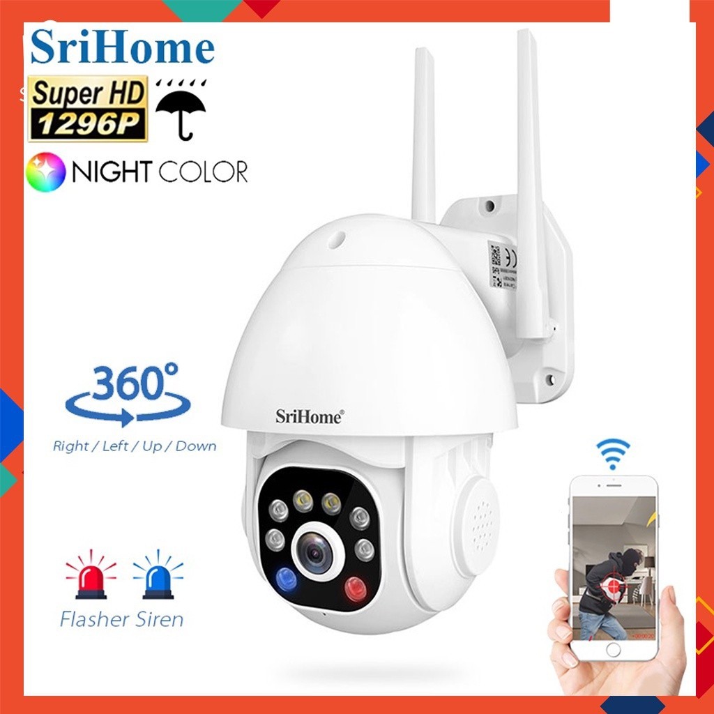 【Fast Delivery】Srihome SH039B WiFi Camera 3MP Outdoor Waterproof CCTV IP Camera Full Color Night Vision 2 Way Audio +Siren Flash Alarm PYYU