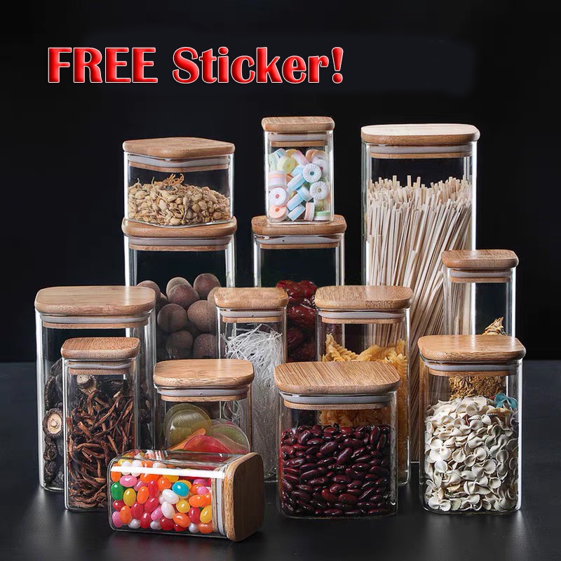 FAST & SAFE SHIPPING Glass Food Storage Jar Bamboo Lid Glass Airtight Kitchen Square Container Botol Balang Kaca方形玻璃储存罐