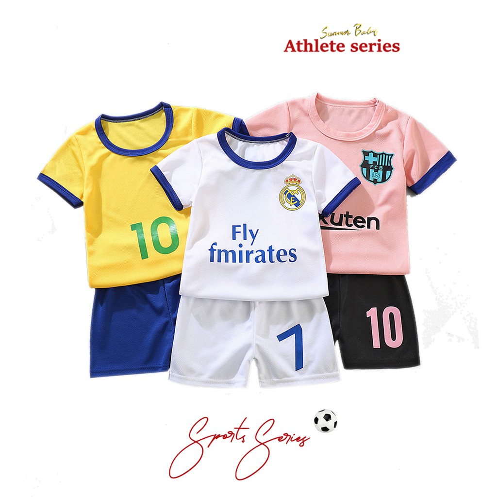 FC Barcelona Kids Football Uniform Jerseys Training Clothing Baby Short Sleeve Shorts Quick-Drying Mesh Breathable Set Baby Boys Girls