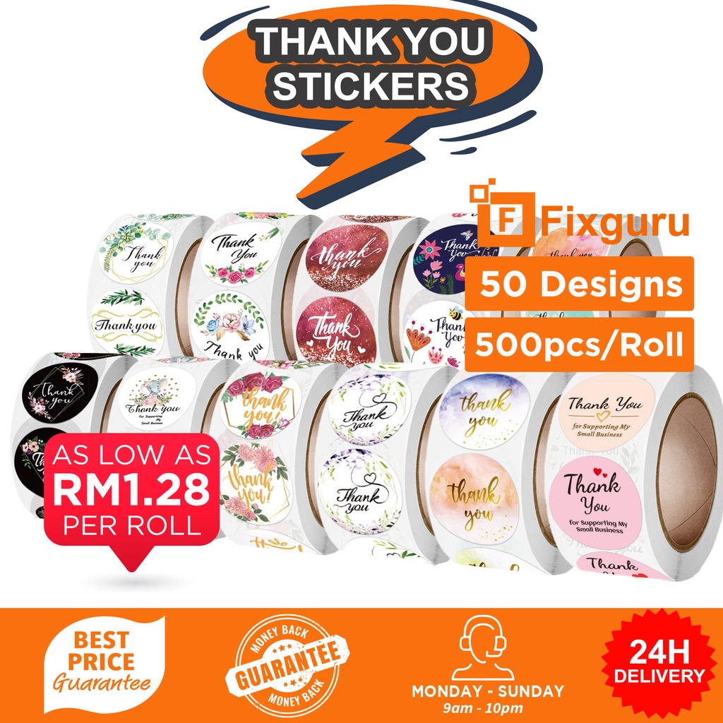 Fixguru 500PCS/Roll Thank You Stickers Envelope Seals 50 Designs Round Heart Shape Doorgift Wedding Pelekat Terima Kasih