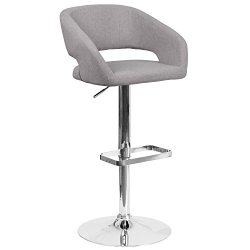 Flash Furniture Erik Comfortable & Stylish Contemporary Barstool with Rounded Mid-Back and Foot Rest, Adjustable Height - Gray Fabric with Chrome Base