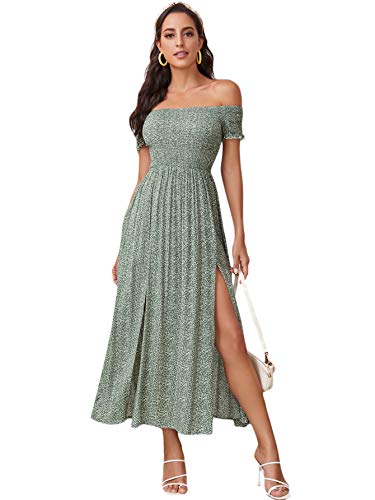 Floerns Women's Boho Floral Print Off Shoulder Split Long A Line Dress A Green XL