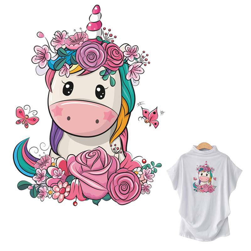 Flower Unicorn Patch Heat Transfer Washable Diy T-Shirt Stripe Eco-Friendly Clothing Stickers Animal Stickers Patch