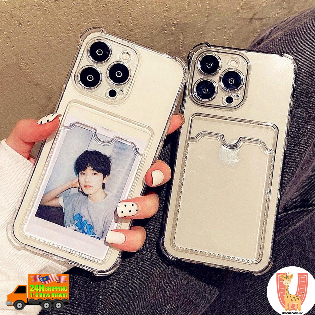 For iP7 8 11 12 13 14 15 Pro X XR Max with Wallet Clip Photo Slot Shockproof Thickened Transparent Silicone Phone Case