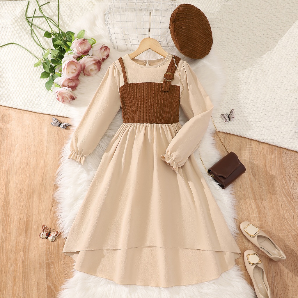 【Free Hat】Baju Raya Dress Teens Girl Clothes Long Sleeve 8 9 10 11 12Y Spring Korean Style Princess Style Khaki Party Clothing For Kids Girl