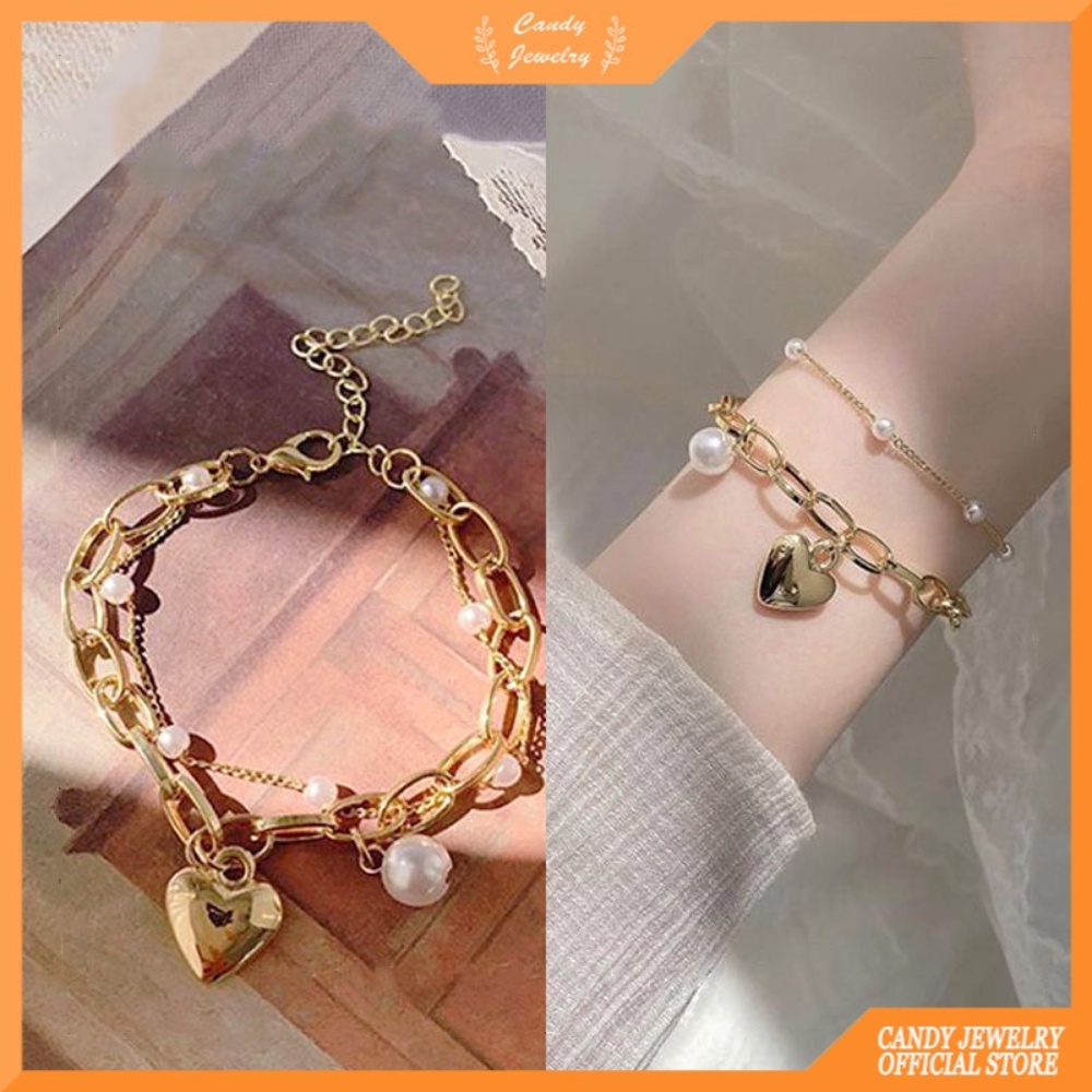 free shipping Candy Jewelry Korean Fashion Love Heart Charm Bracelets Double Layer Chain Pearl Bracelet for Women Friendship Gifts Ins Fairy Butterfly Pendant Pearl Bracelet Gelang Tangan Perempuan Retro Girlfriend Student