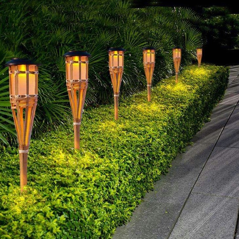 【Free Shipping】 Warmtaste Led Bamboo Solar Garden Lights Outdoor Waterproof Automatic Sensor Solar Street Light Torch Flame Lawn Lamp Spotlight for Fence House Pathway Decoration Christmas Light