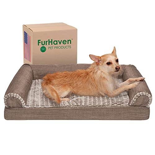 Furhaven Orthopedic Dog Bed for Medium/Small Dogs w/ Removable Bolsters & Washable Cover, For Dogs Up to 35 lbs - Luxe Faux Fur & Performance Linen Sofa - Woodsmoke, Medium