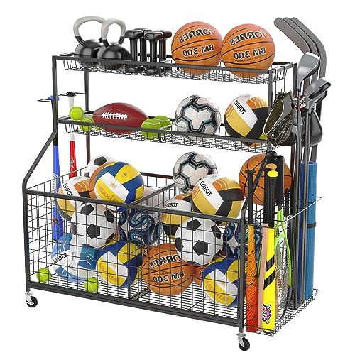 Gadroad Sports Equipment Garage Organizer with Baskets and Hooks, Garage Storage System, Large Capacity Garage Ball Storage for Sports Gear/Toys, Rolling Ball Cart with Wheels for Indoor/Outdoor Use